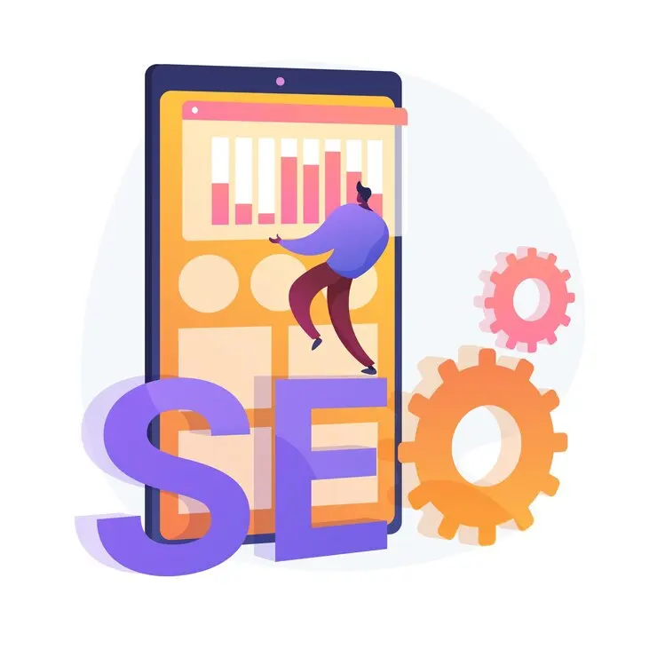 Gear, globe, and rising-chart magnifier icon representing search engine optimization