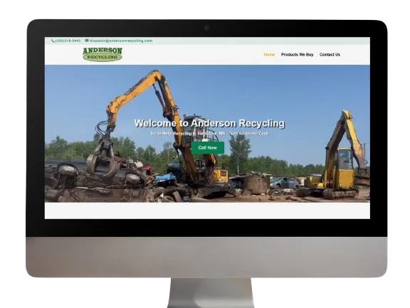 Anderson Recycling Upgrade Anderson Recycling welcome page featuring yellow excavators processing metal at facility