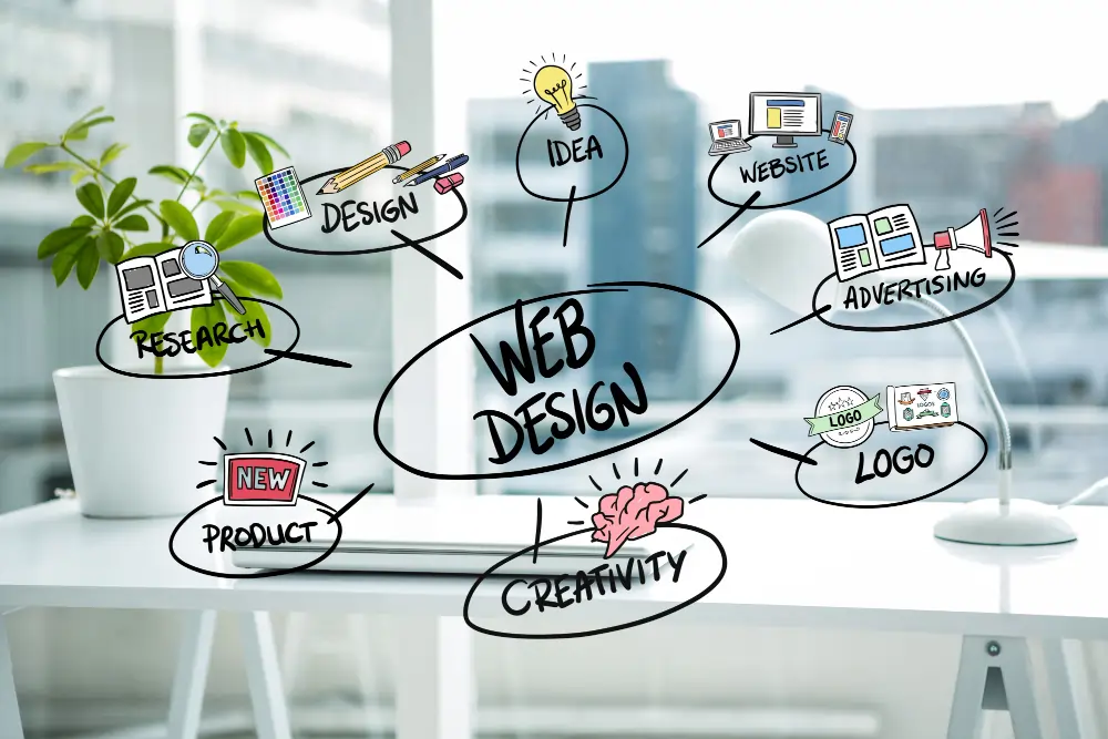 Mind map diagram showing web design process with connected concepts: research, design, idea, website, advertising, logo, product, and creativity.