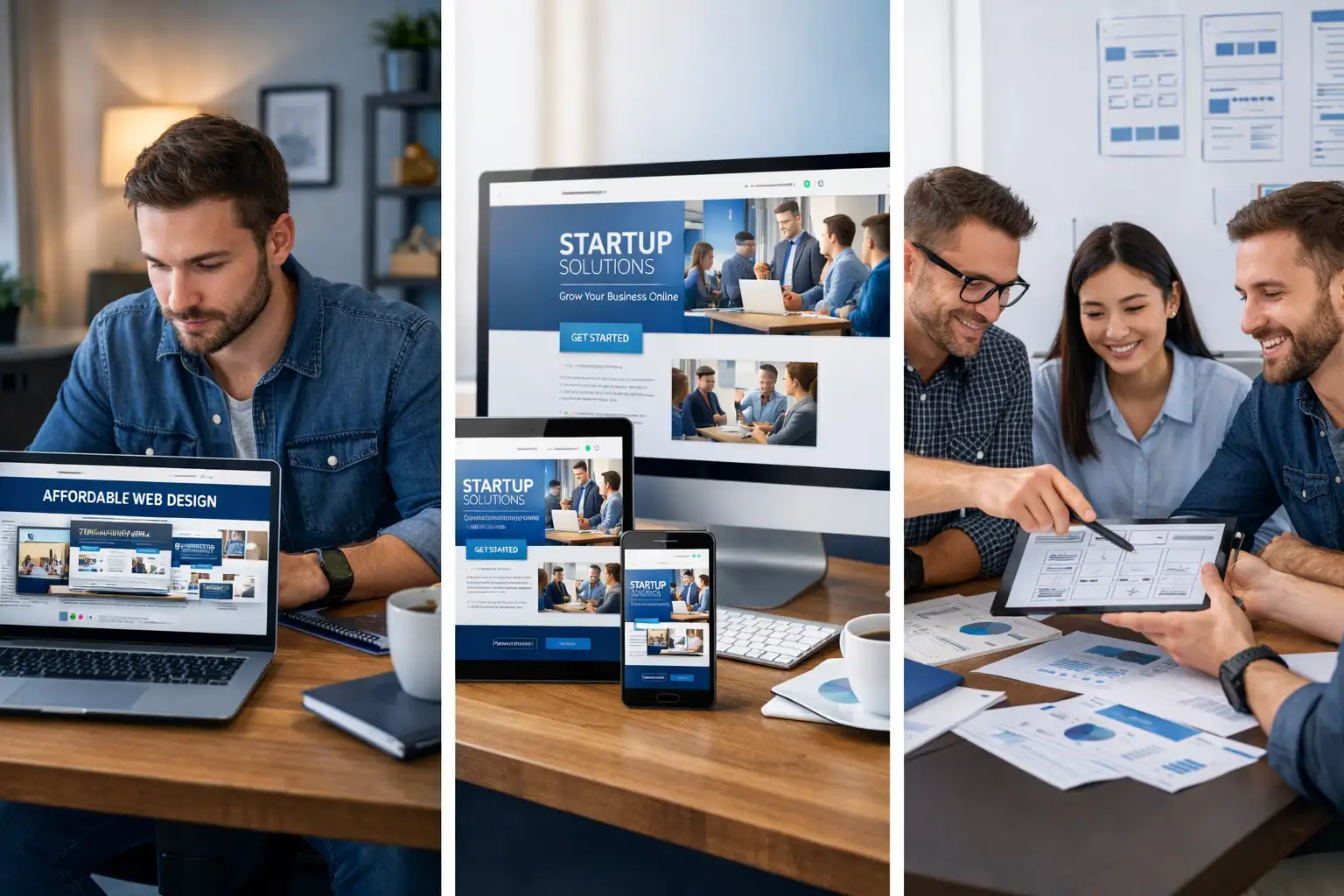 Man viewing affordable web design on laptop; startup solutions website displayed on desktop, tablet, and mobile devices