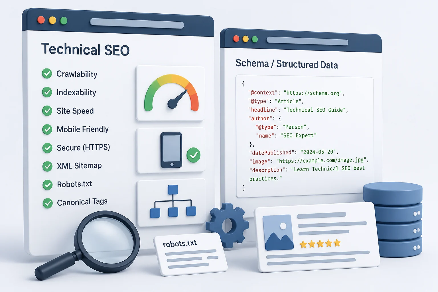 Technical SEO checklist with crawlability, indexability, site speed, mobile friendly, HTTPS, XML sitemap, robots.txt, and canonical tags; Schema/Structured Data window showing JSON markup; magnifying glass, mobile device, gauge, gear, database, and five-star rating card.