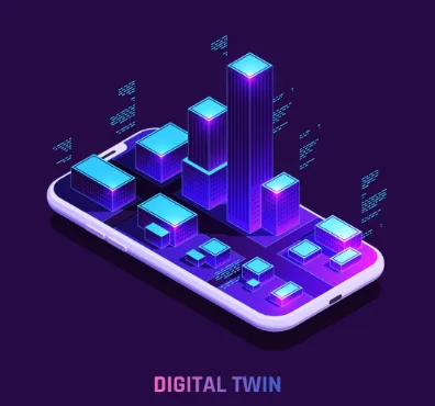 Isometric smartphone displaying colorful 3D buildings and digital structures labeled Digital Twin