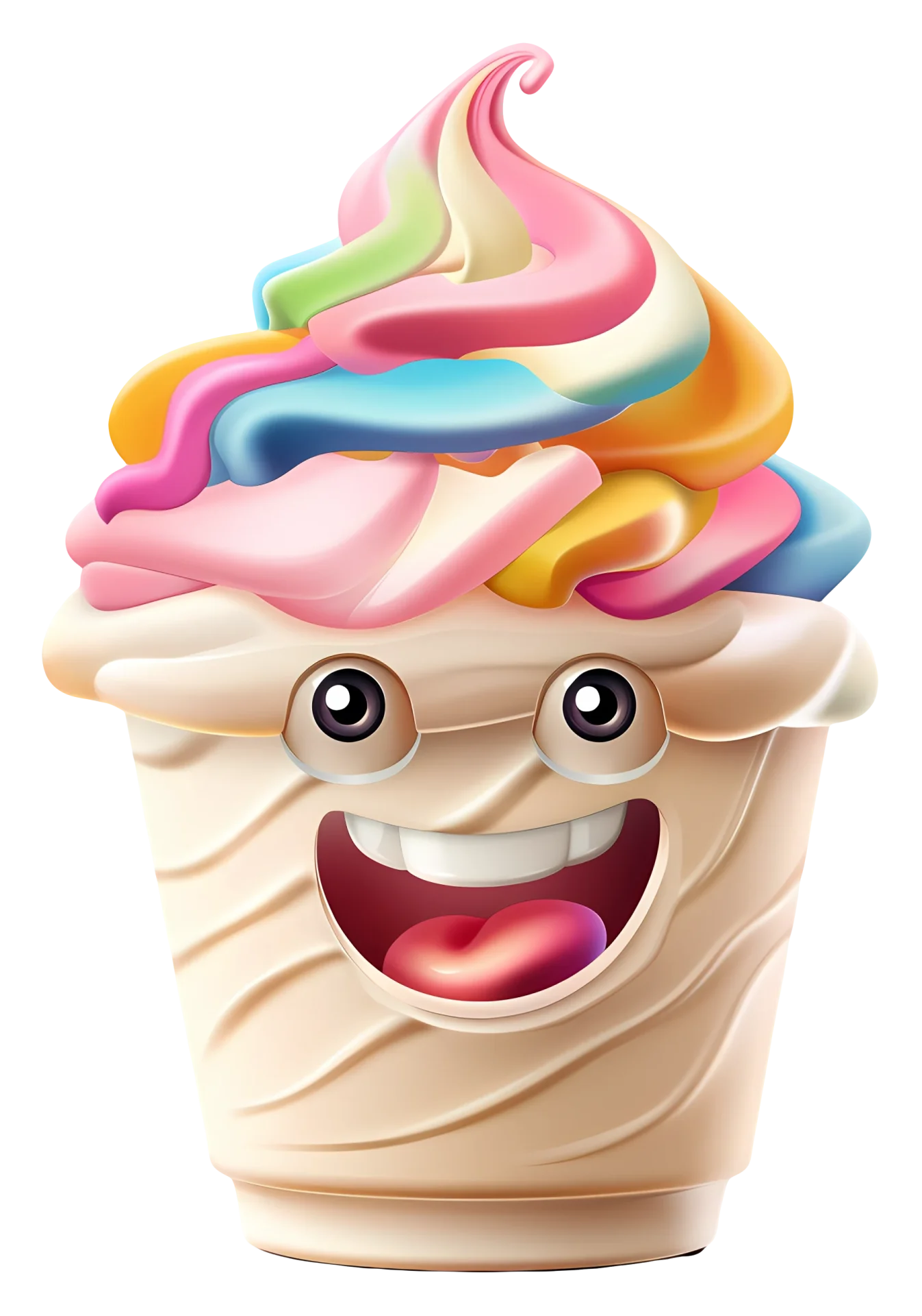shake Colorful ice cream cone character with a smiling face, featuring swirls of pink, blue, and yellow toppings, representing creativity and fun in web design.